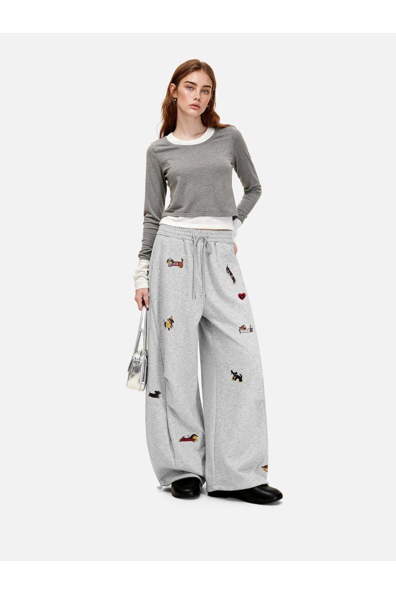 Embroidery Dog Baggy Barrel Sweatpants, Main, color, Grey