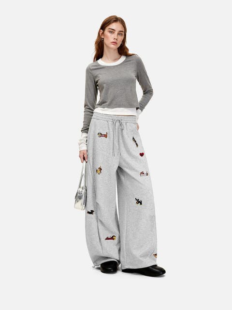 Embroidery Dog Baggy Barrel Sweatpants