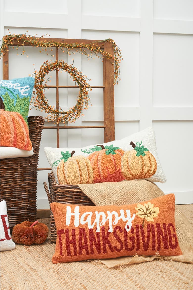 "Happy Thanksgiving" Leaf Hooked Long Accent Pillow 12" x 24", Alternate, color, Orange