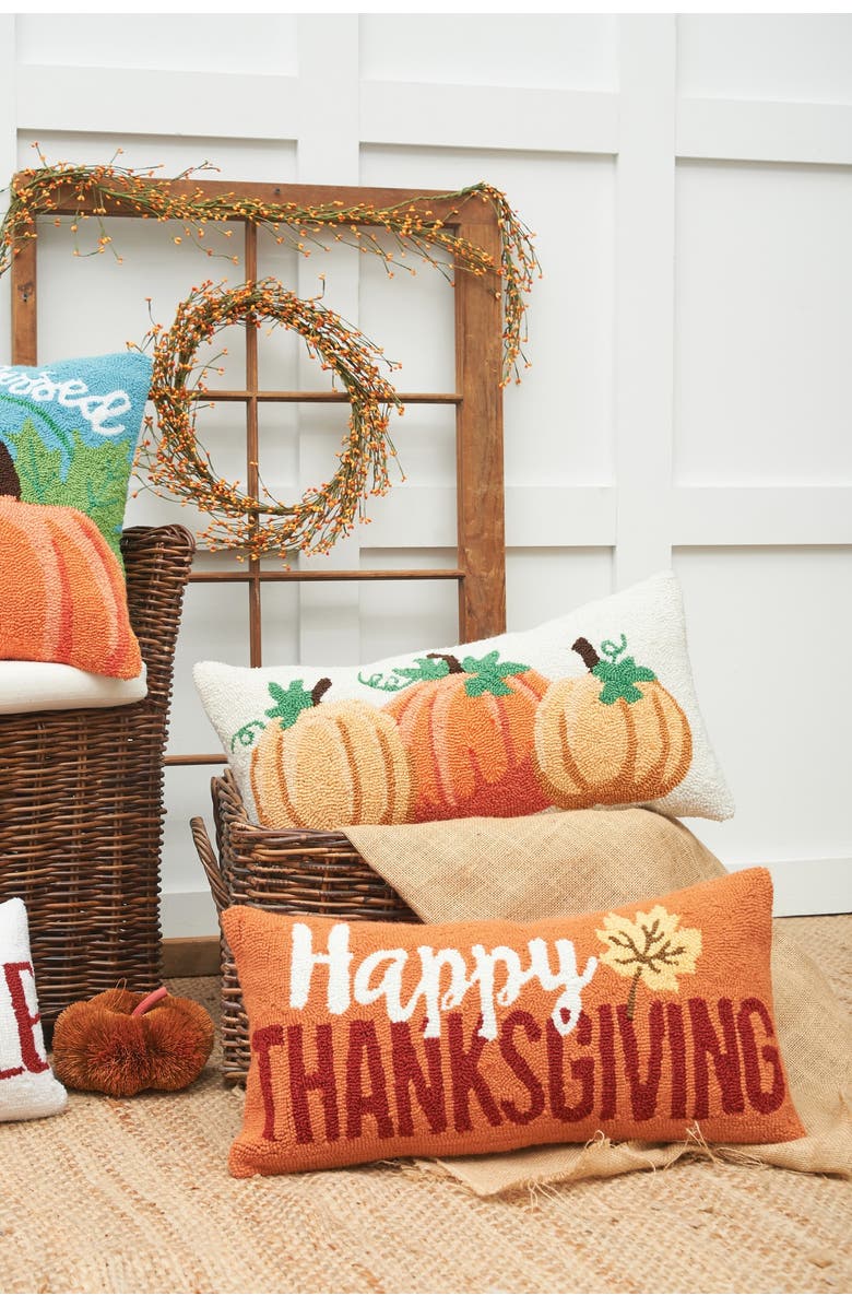 C&F Home "Happy Thanksgiving" Leaf Hooked Long Accent Pillow 12" x 24", Alternate, color, Orange