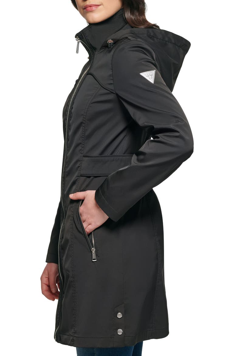 Hooded Soft Shell Ruched Back Longline Rain Coat, Alternate, color, BLACK