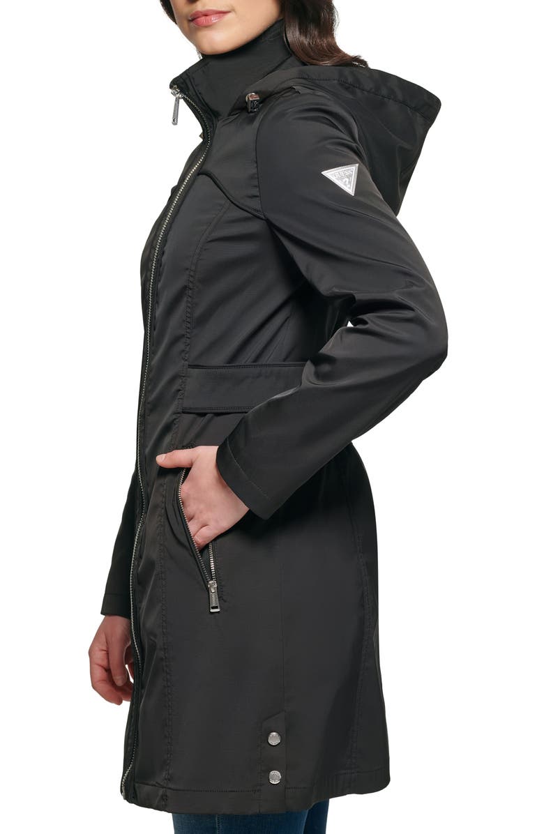 GUESS Hooded Soft Shell Ruched Back Longline Rain Coat, Alternate, color,