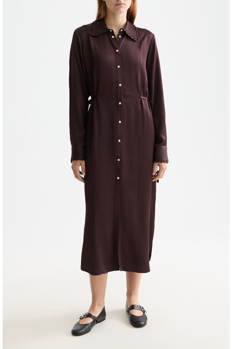 Long Sleeve Tie Waist Midi Shirtdress, Main, color, CHOCOLATE PLUM
