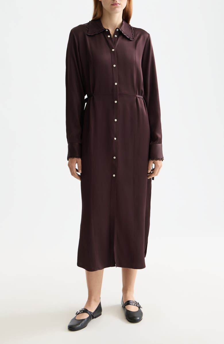Scotch & Soda Long Sleeve Tie Waist Midi Shirtdress, Main, color, Chocolate Plum