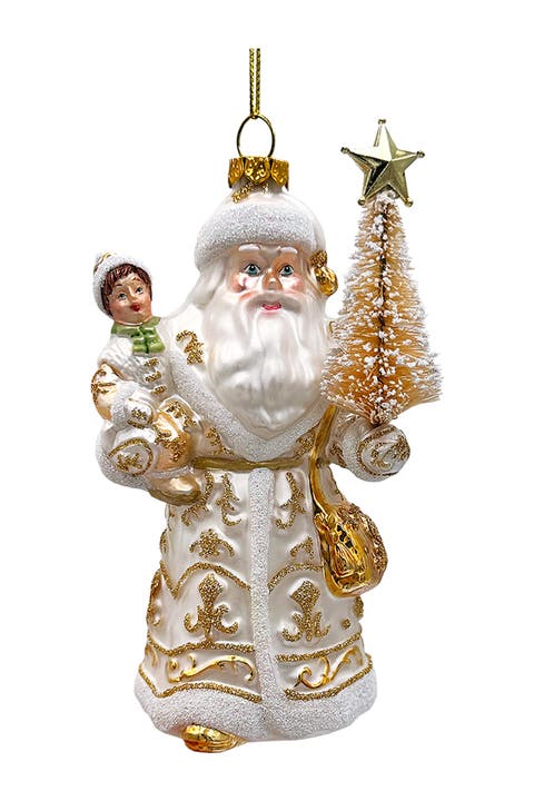 Radiant Gold Santa With Child Glass Ornament