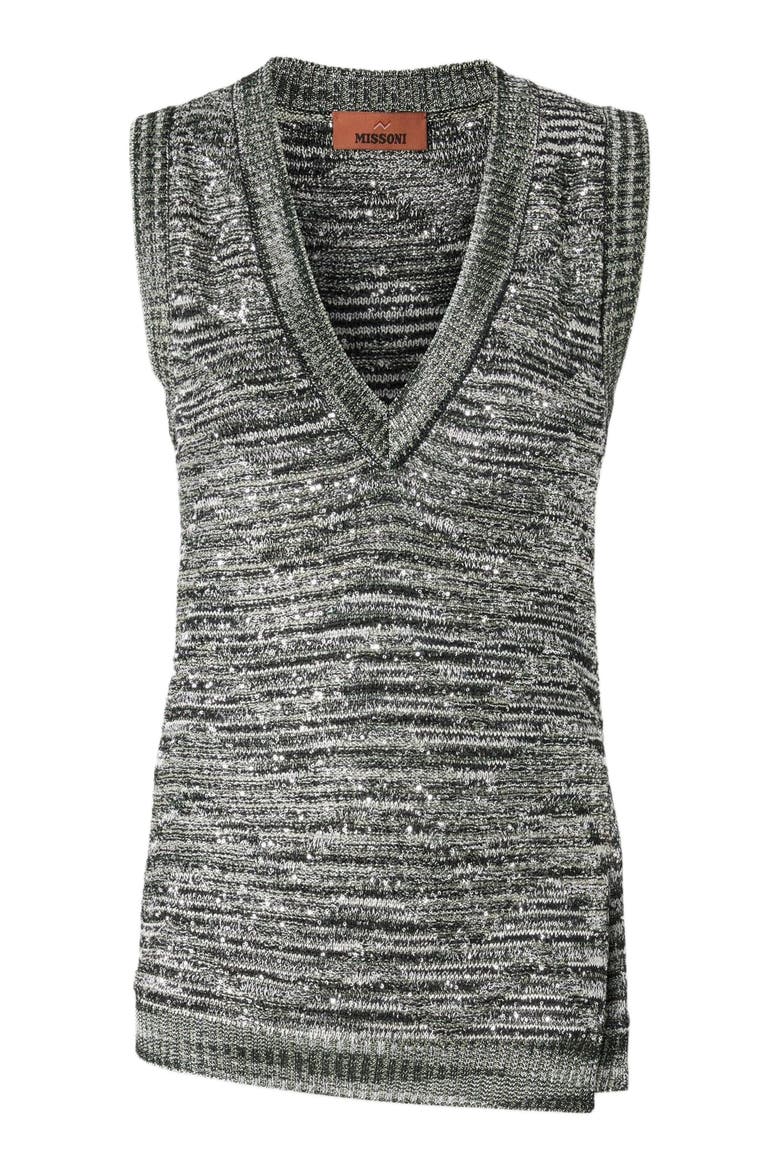 Sleeveless Top In Slub Knit With Sequins And V-neck, Alternate, color, Green & Black