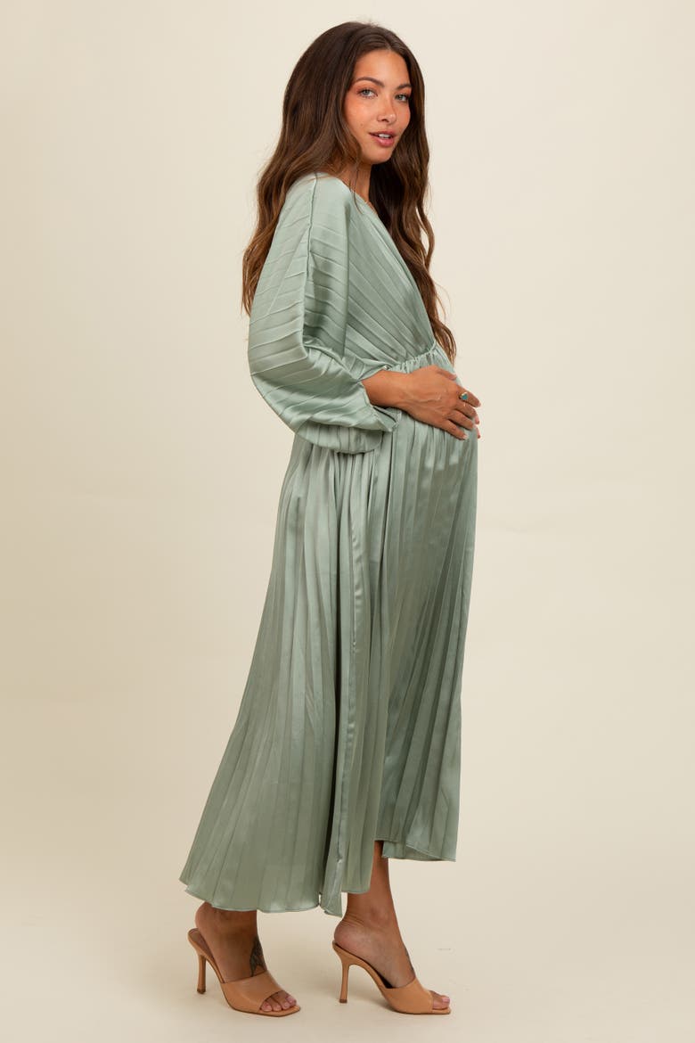 Satin Pleated V-Neck Maxi Dress, Alternate, color, Light Olive