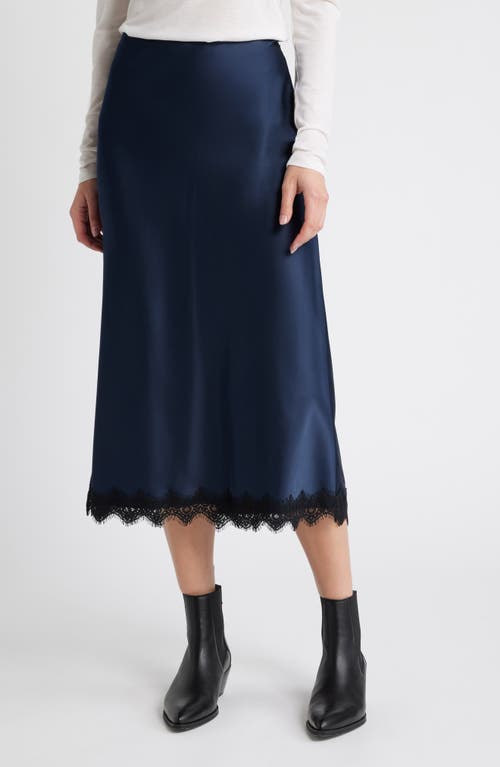 Shop Treasure & Bond Lace Trim Satin Midi Skirt In Navy Blazer