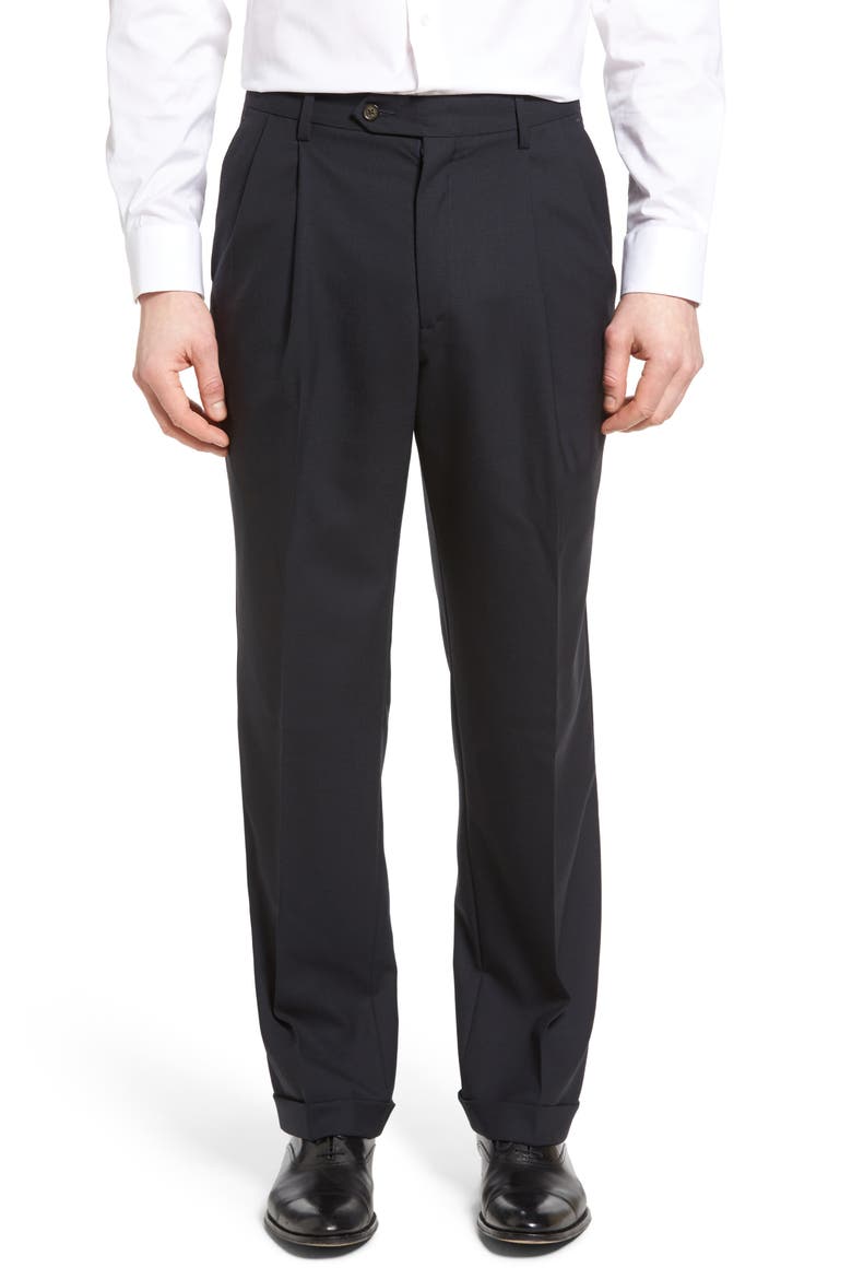 Lightweight Plain Weave Pleated Classic Fit Trousers, Main, color, NAVY