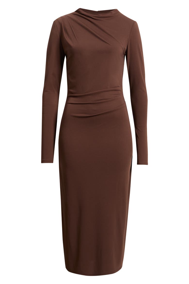 Pleated Long Sleeve Knit Midi Dress, Main, color, BROWN BITTER
