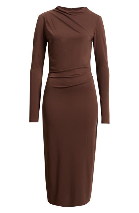 Pleated Long Sleeve Knit Midi Dress