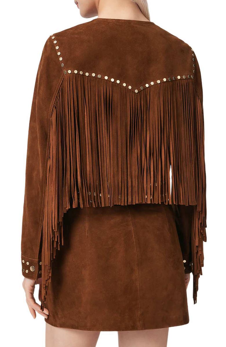 AllSaints Alice Fringe Suede Western Jacket, Alternate, color, Cognac Brown