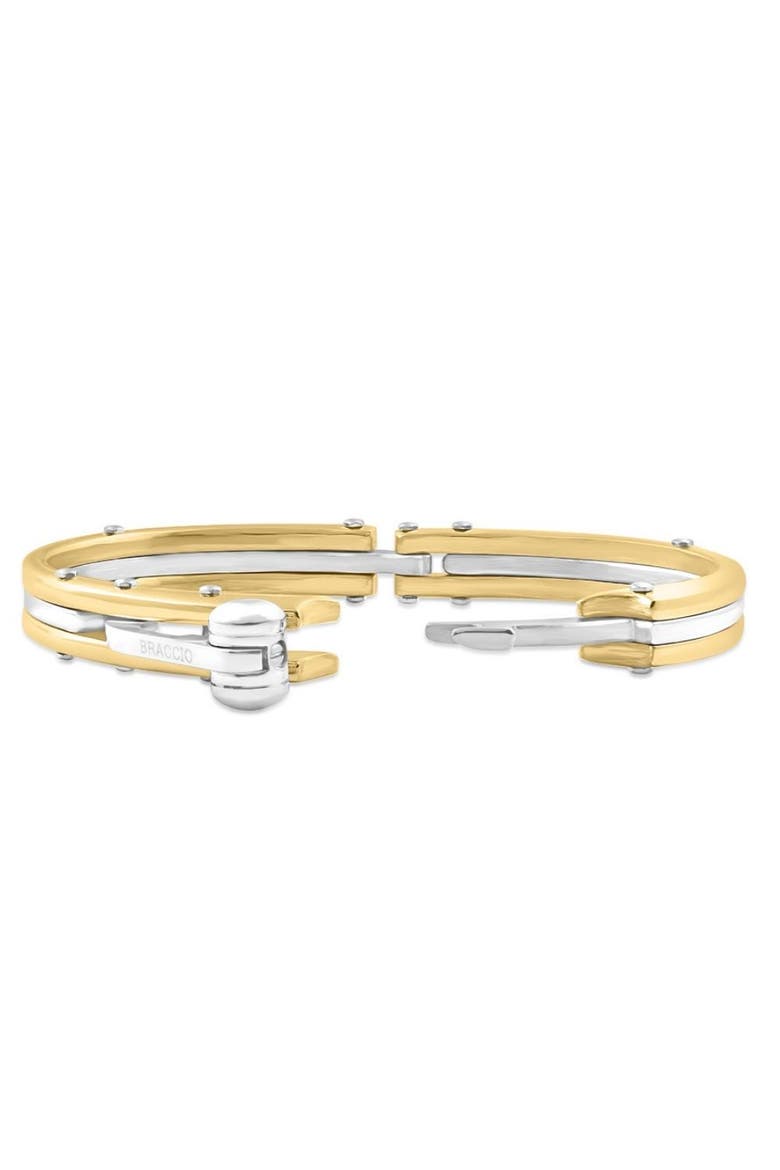 Men's Steel And Bright Gold Latched 8" 10mm " Cuffed Bracelet, Alternate, color, Stainless Steel