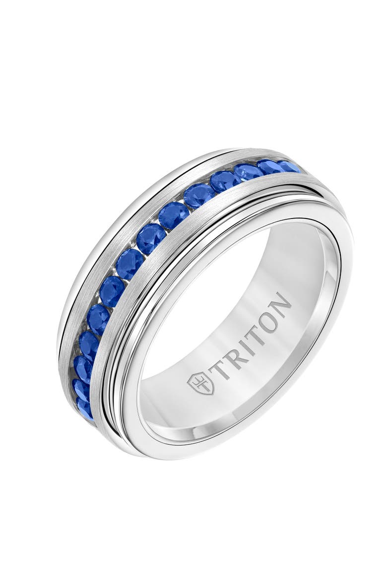 8MM Tungsten Carbide Sapphire Eternity Ring with Satin Bright Finish and Bevel Edge, Main, color, Metallic Silver