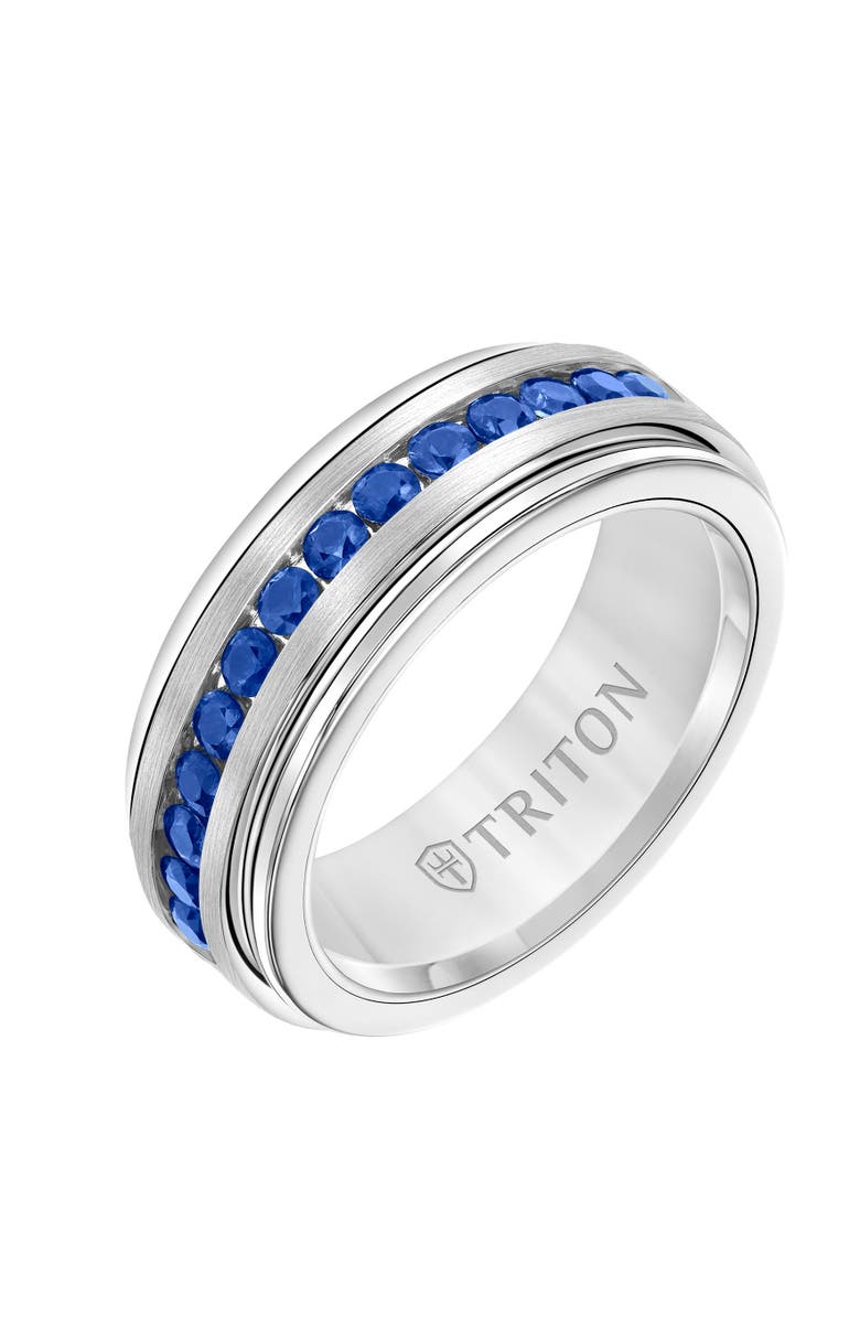 Triton 8MM Tungsten Carbide Sapphire Eternity Ring with Satin Bright Finish and Bevel Edge, Main, color, 