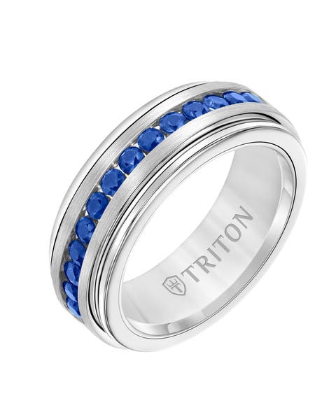 8MM Tungsten Carbide Sapphire Eternity Ring with Satin Bright Finish and Bevel Edge