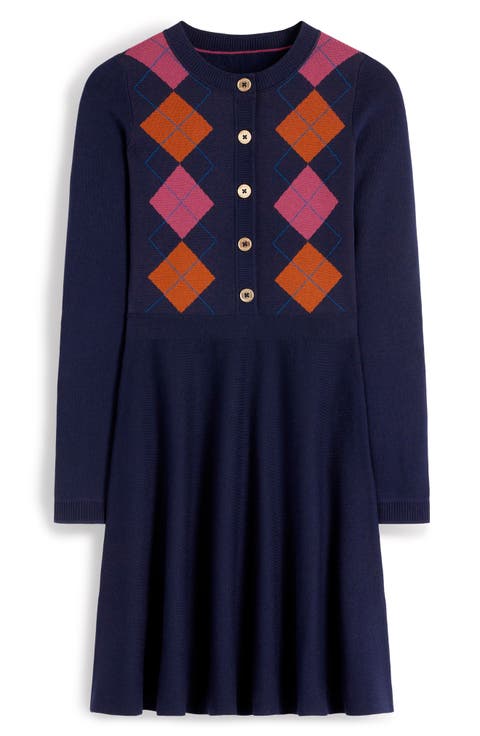 Argyle Long Sleeve Jacquard Dress