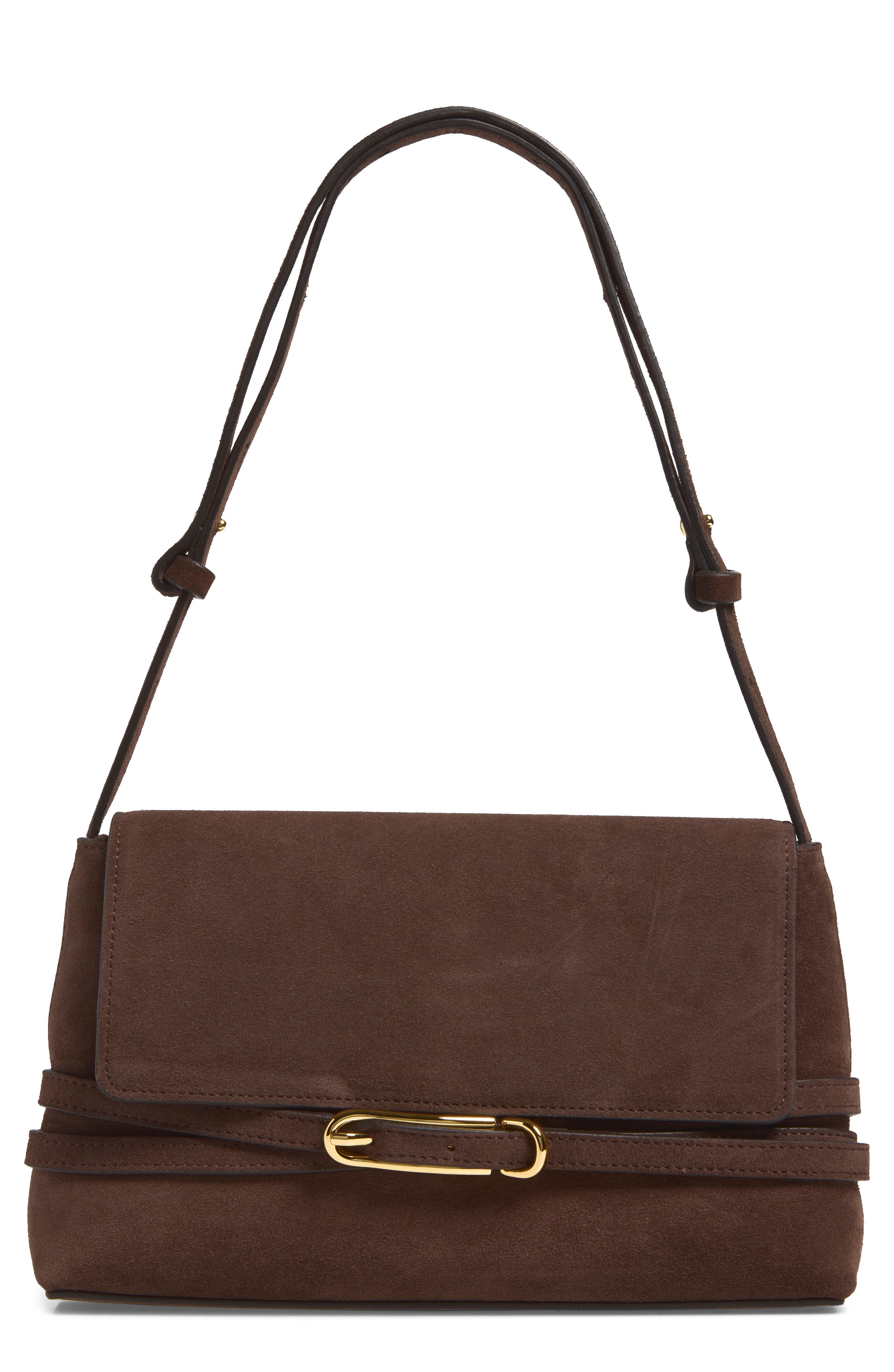 Belted Suede Shoulder Bag, Main, color, DARK BROWN