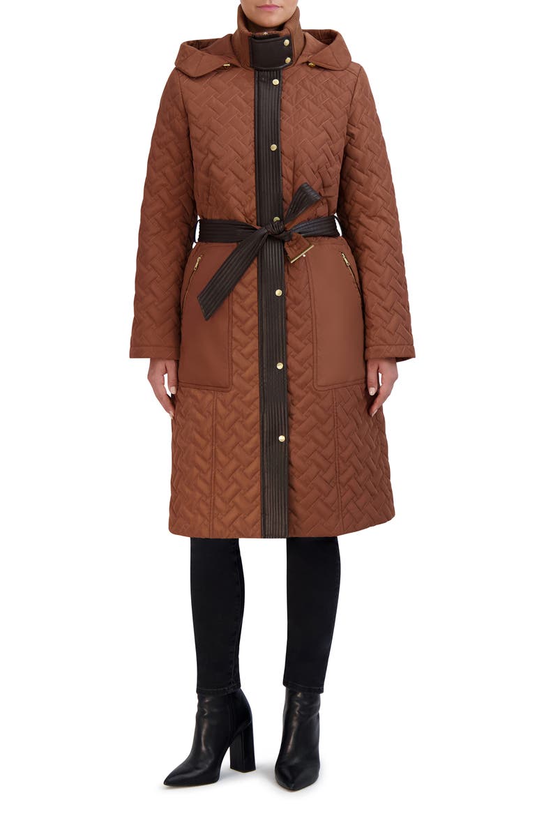 Leather Trim Hooded Quilted Coat, Main, color, PECAN