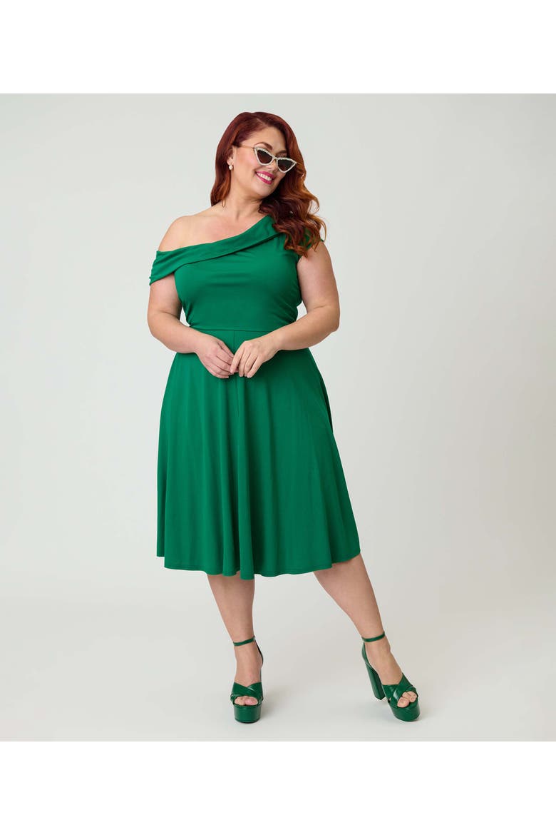Plus Size Asymmetrical Neck Swing Dress, Alternate, color, Green Solid
