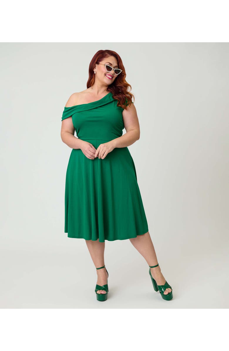 Unique Vintage Plus Size Asymmetrical Neck Swing Dress, Alternate, color, Green Solid