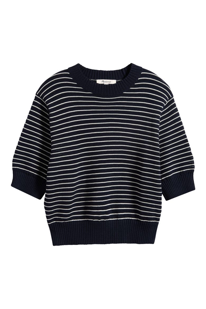 Textural Stitch Cotton Crewneck Sweater, Alternate, color, NAVY AND IVORY MINI STRIPE