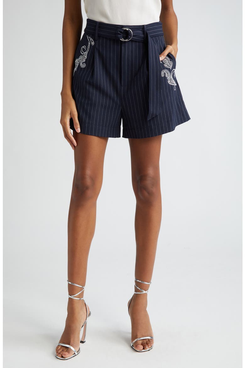 Rebecca Beaded Paisley Detail Pinstripe Shorts, Main, color, NAVY/IVORY