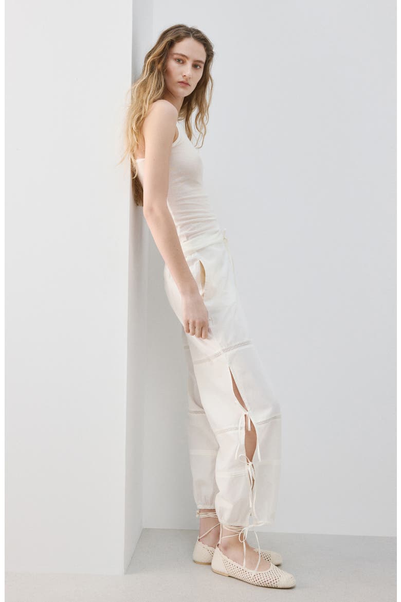Lace & Bow Detail Cotton Pants, Alternate, color, IVORY WHITE