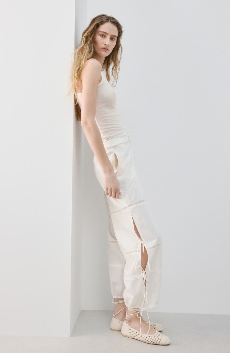 MANGO Lace & Bow Detail Cotton Pants, Alternate, color, Ivory White
