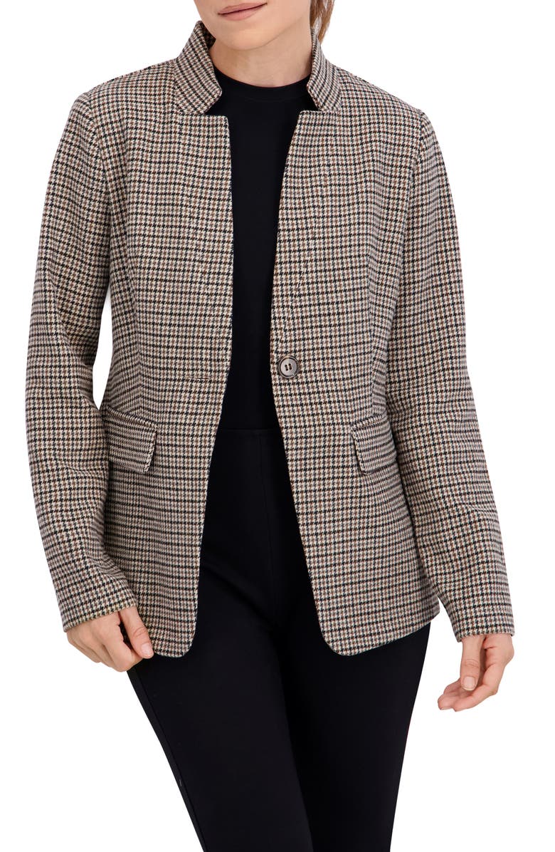 Ookie & Lala Houndstooth Inverted Notch Lapel Blazer, Main, color, Camel/ Brown/ Black