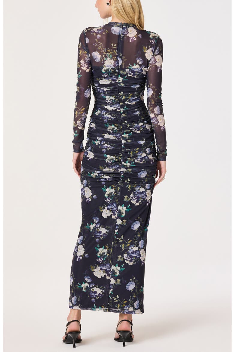 Floral Ruched Long Sleeve Mesh Dress, Alternate, color, BLUE MULTI FLORAL