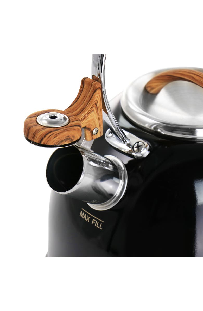 Mr. Coffee 2 Quart Stainless Steel Whistling Tea Kettle with Wood Pattern Handle, Alternate, color, Black
