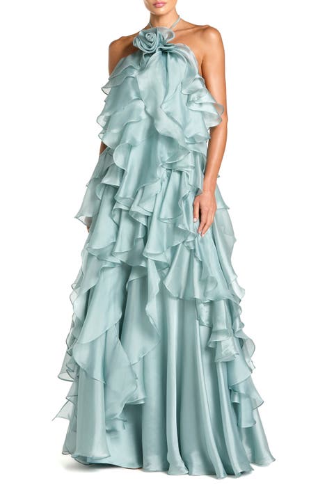 Organza Halter Neck Open Back Ruffle Gown