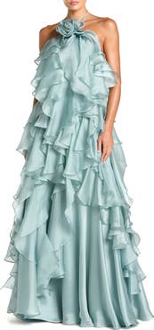 Mac Duggal Organza Halter Neck Open Back Ruffle Gown