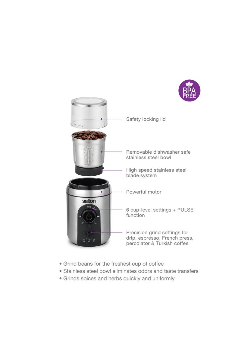 Salton Stainless Steel Intelligent Coffee Grinder, Alternate, color, 