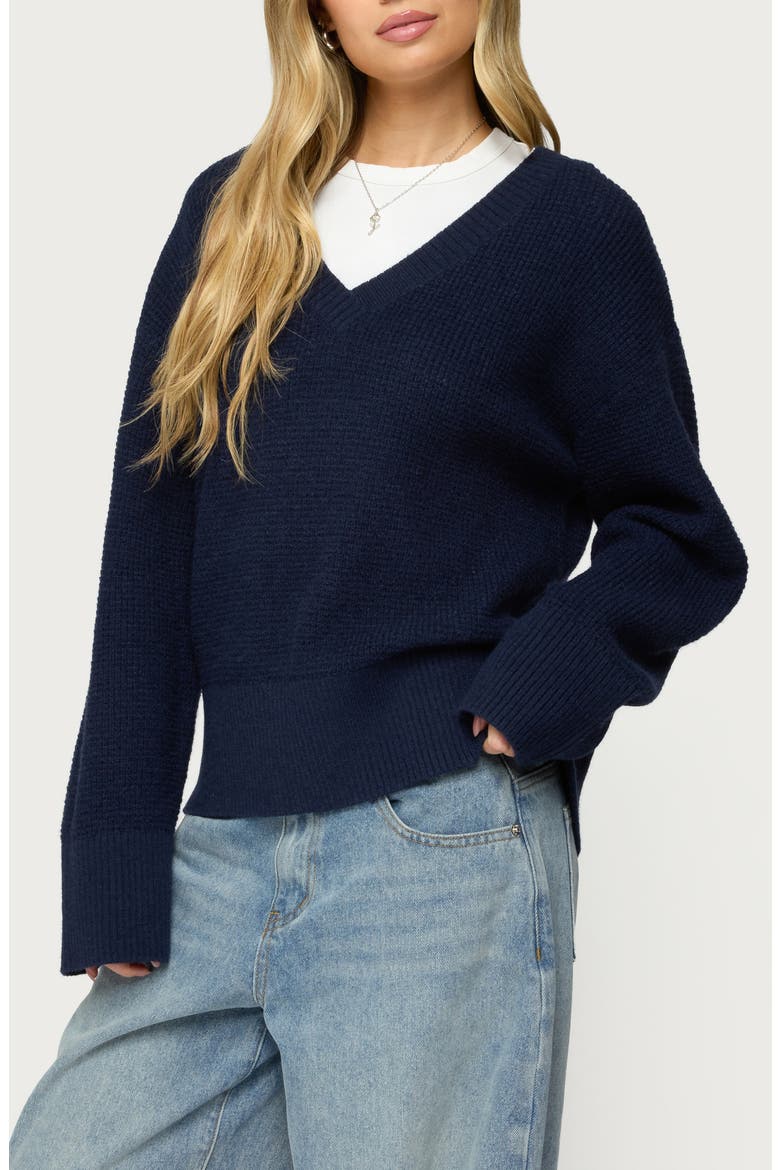 Bluebell Oversize V-Neck Waffle Knit Sweater, Alternate, color, NAVY