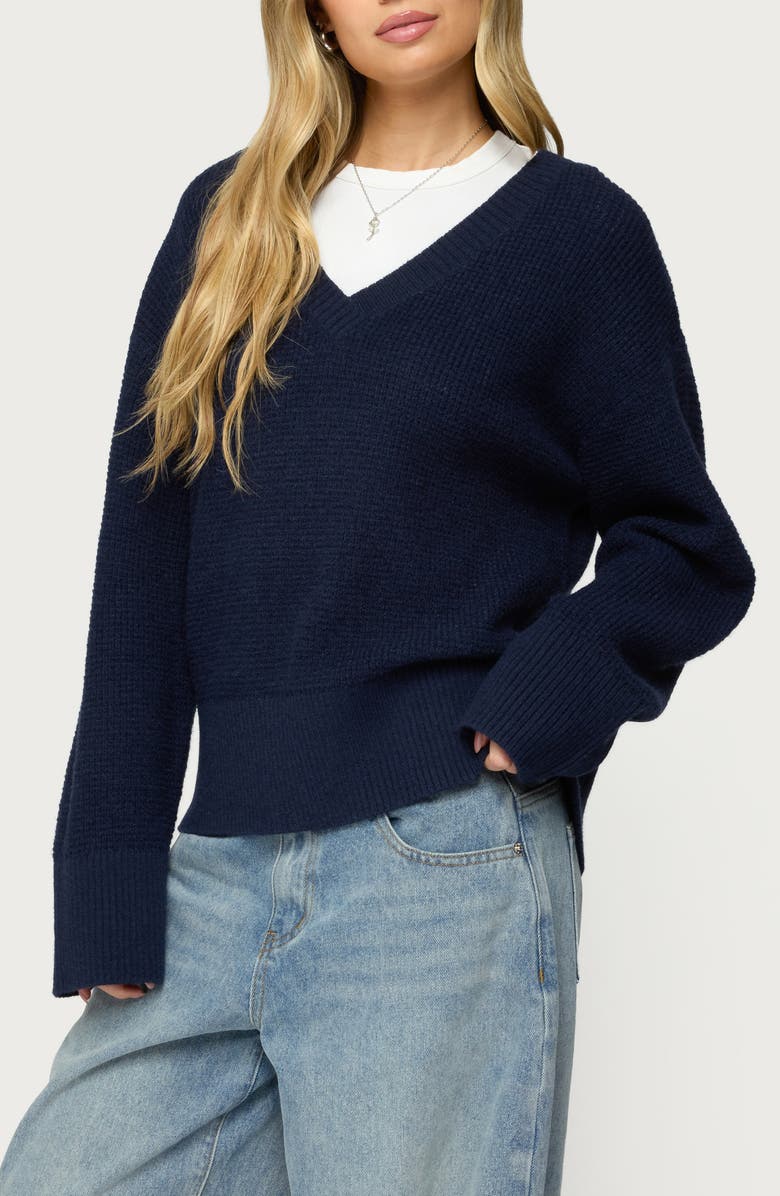 EDIKTED Bluebell Oversize V-Neck Waffle Knit Sweater, Alternate, color, Navy