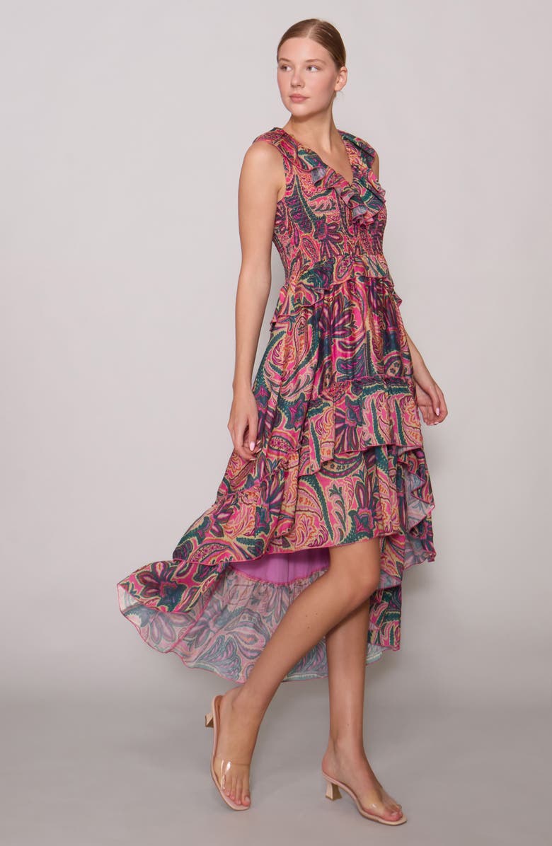 MELLODAY Print Ruffle Organza Sleeveless High-Low Maxi Dress, Alternate, color, Pink Purple Multi