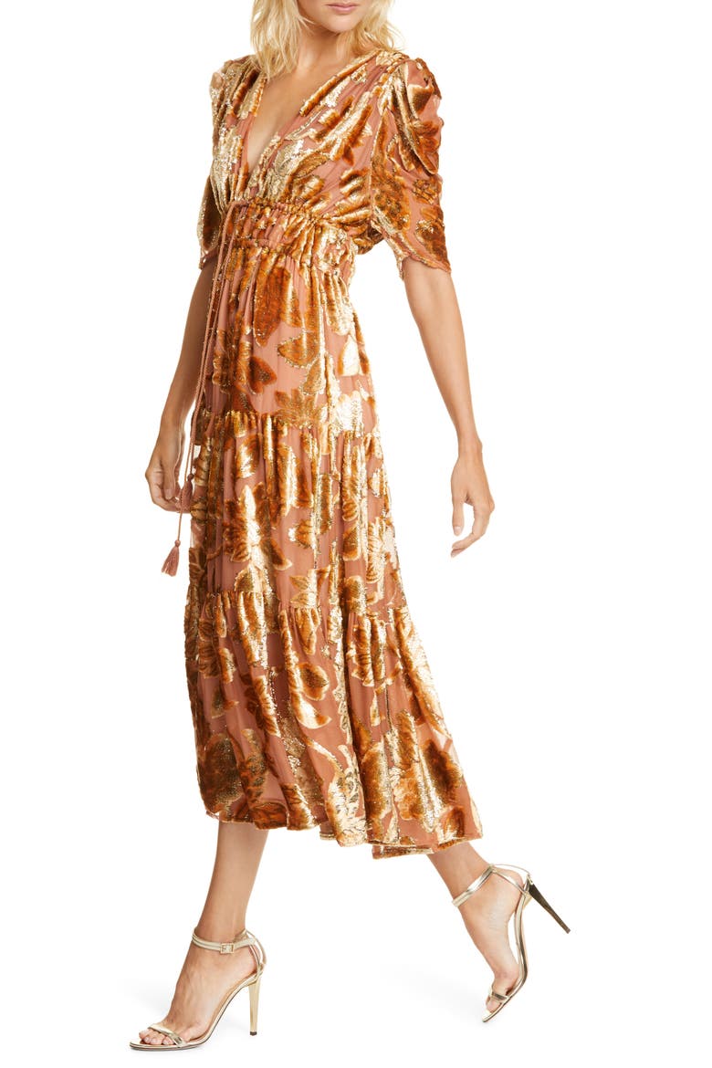 Loretta Velvet Devoré Midi Dress, Alternate, color, ROSE GOLD