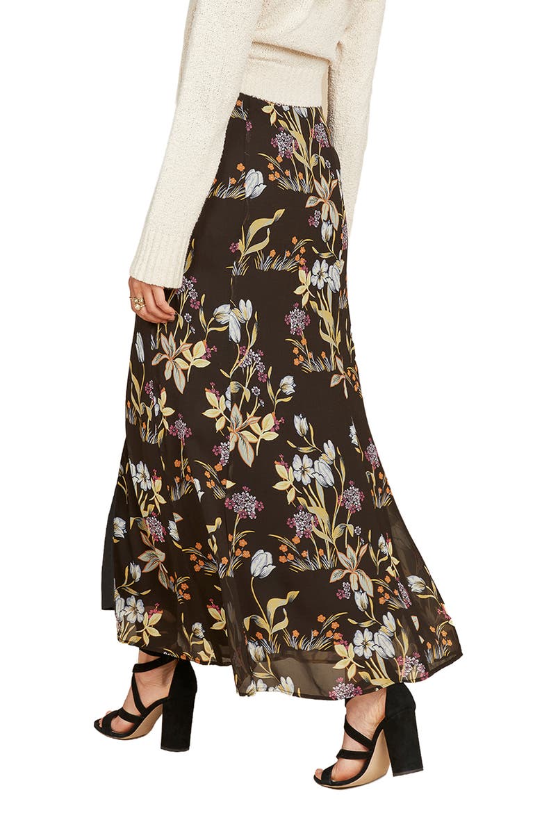 Floral-Printed Button Chiffon Maxi Skirt, Alternate, color, BLACK