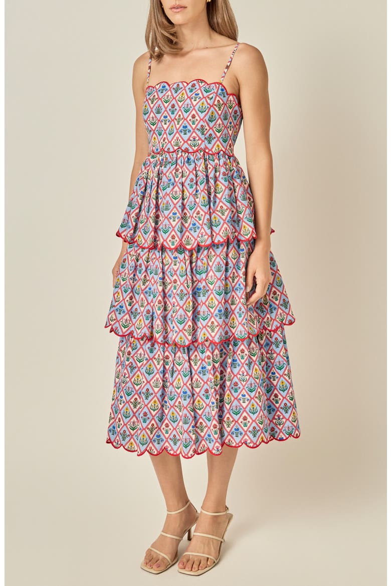 Printed Scallop Tiered Midi Dress, Alternate, color, MULTI