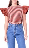 English Factory Mixed Media Stripe Ruffle Sleeve Top