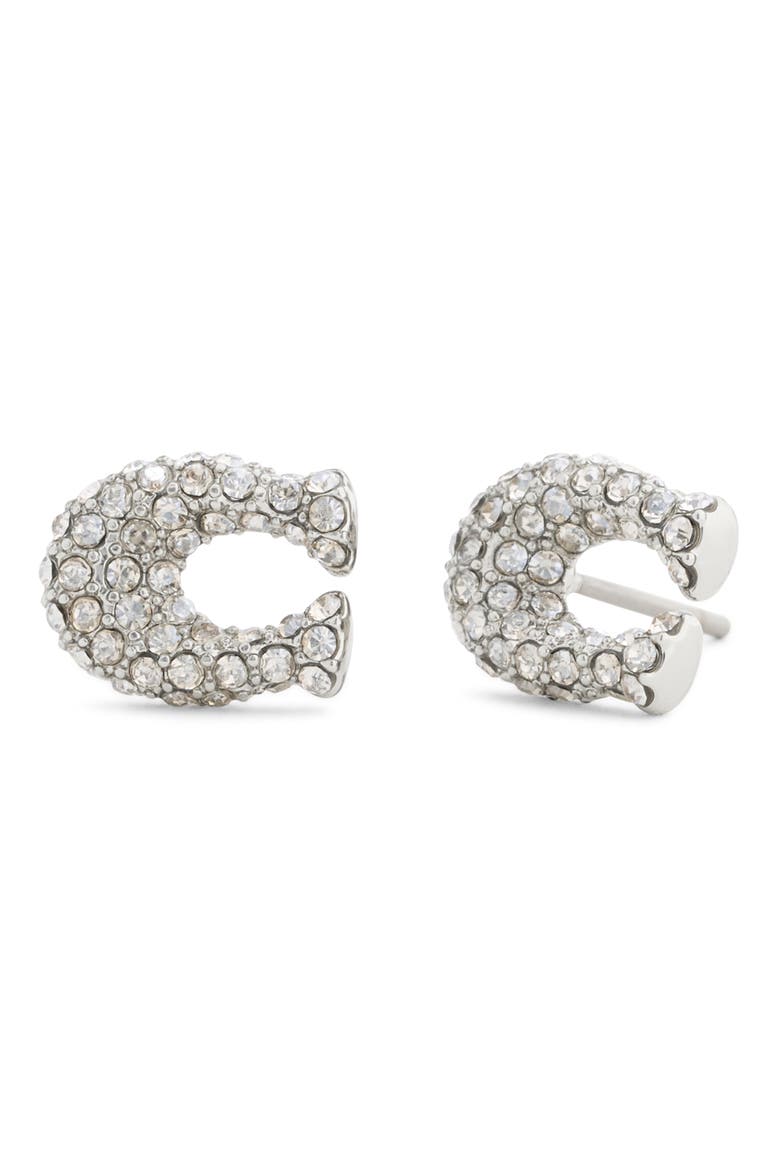 Pavé Signature C Stud Earrings, Main, color, RHODIUM