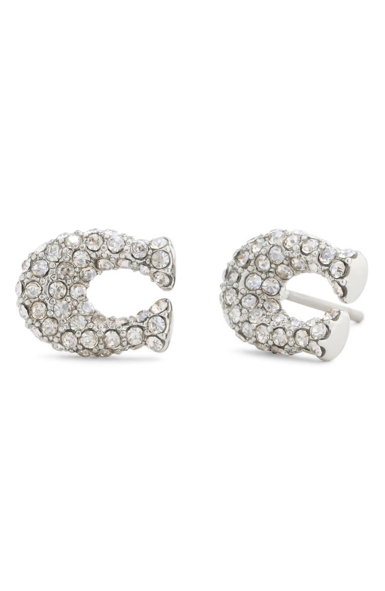 COACH Pavé Signature C Stud Earrings, Main, color, Rhodium