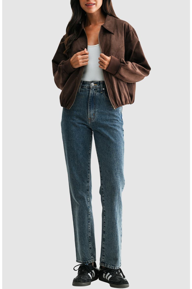 Stretch Faux Suede Bomber Jacket, Alternate, color, DARK CHOCOLATE