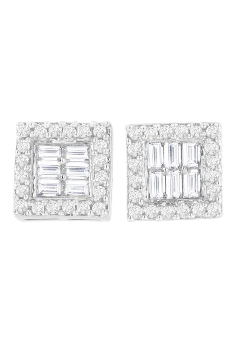 14K White Gold 1 cttw Round and Baguette Diamond Stud Earrings, Main, color, White