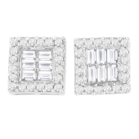 14K White Gold 1 cttw Round and Baguette Diamond Stud Earrings