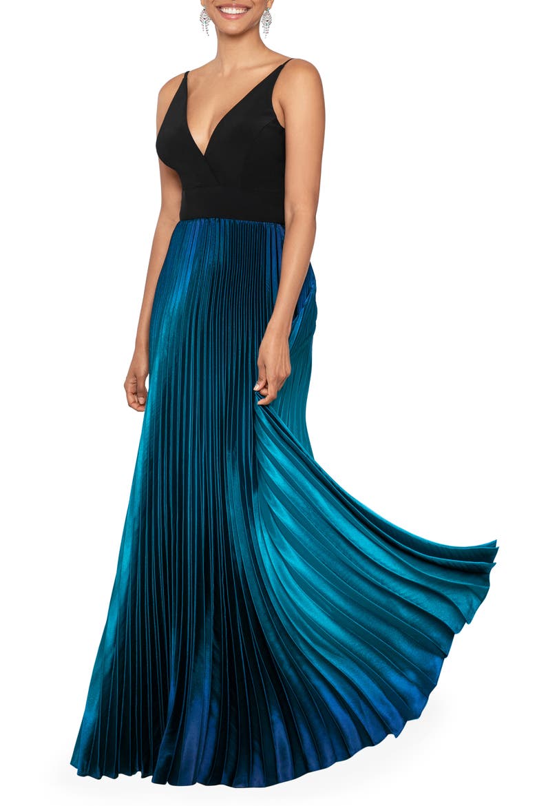 Ombré Pleated Gown, Alternate, color, BLACK/ TEAL