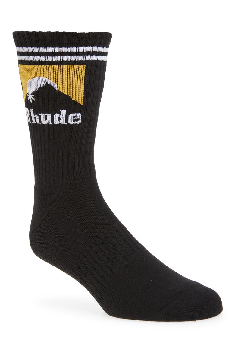 Stripe Cuff Moonlight Rib Crew Socks, Main, color, BLACK/ WHITE/ YELLOW