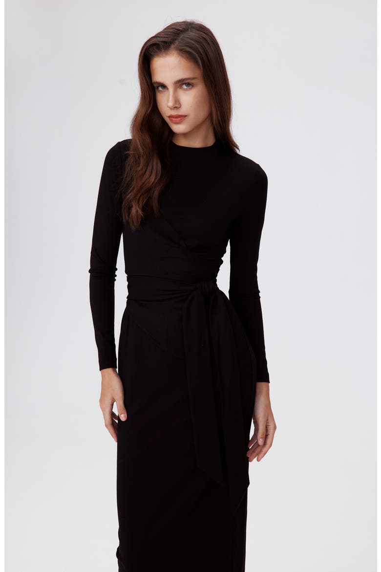 Finan Long Sleeve Wrap Dress, Alternate, color, BLACK
